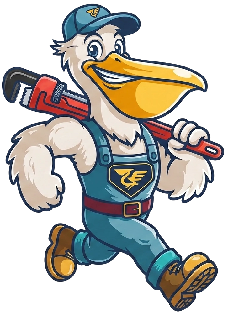 Plumbird plumbing company pelican mascot holding a pipe wrench